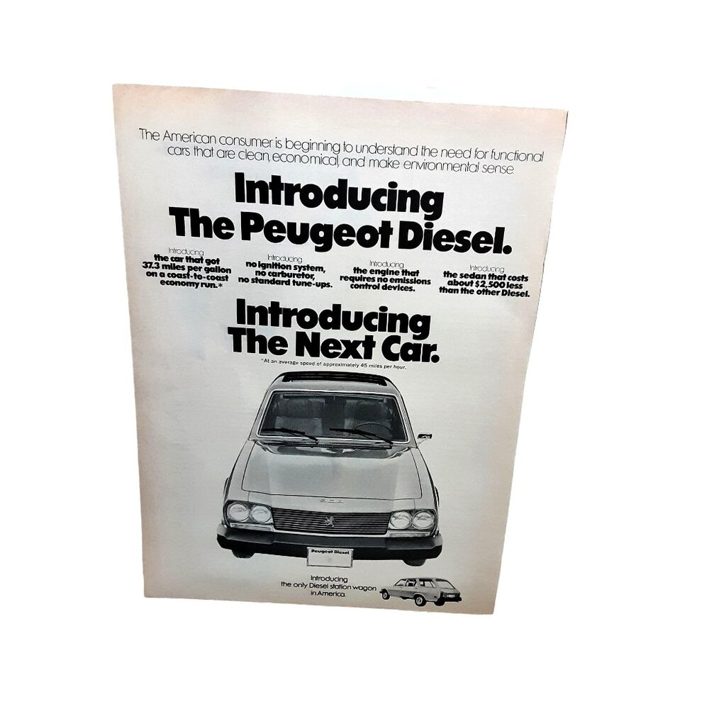 1974 1975 Peugeot Diesel Station Wagon with dealer sheet Original Print ad 70s